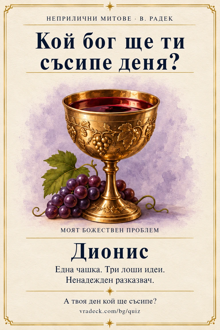 Картичка: Дионис. Една чашка. Три лоши идеи. Ненадежден разказвач.