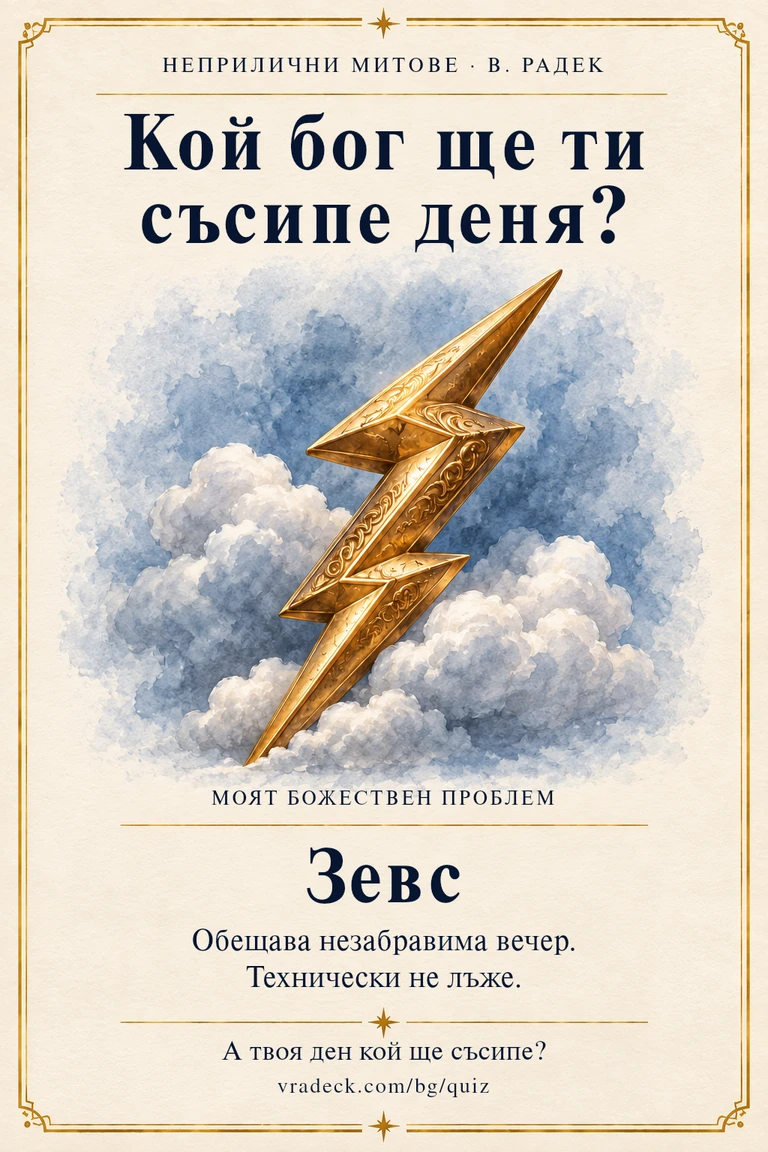 Картичка: Зевс. Обещава незабравима вечер. Технически не лъже.