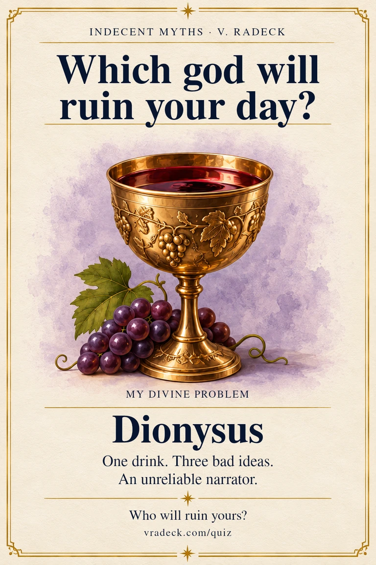Result card: Dionysus. One drink. Three bad ideas. An unreliable narrator.